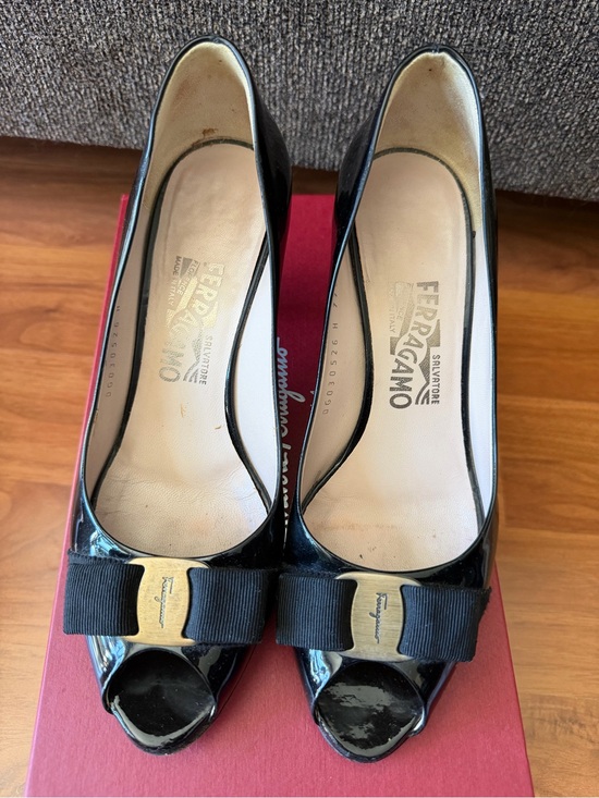 Salvatore Ferragamo Shoes - Salvatore Ferragamo Black Patent Peep-Toe Pumps with Bow size 7B